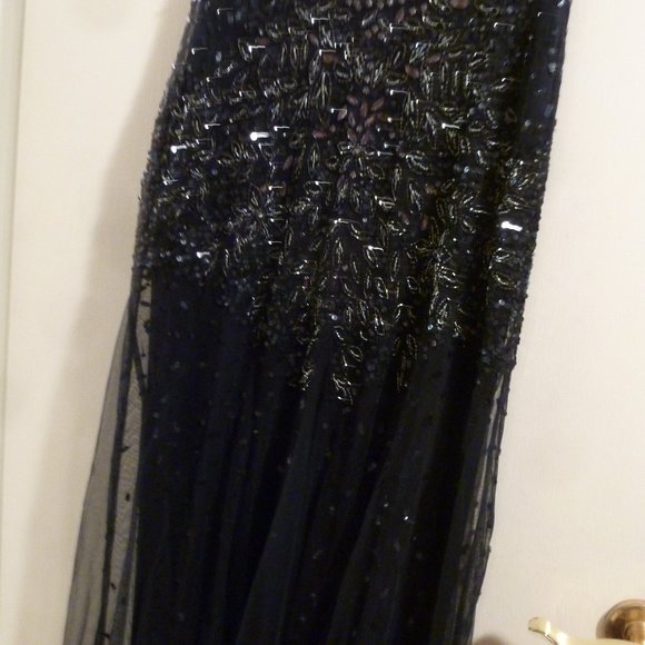 Adrianna Papell  Hand Beaded Short Sleeve V-neck  Beaded Gown In Black - Picture 3 of 9